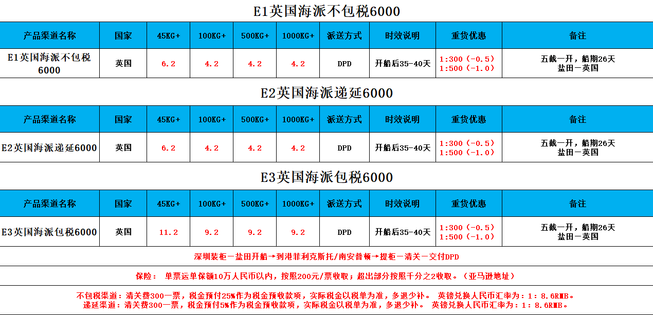 英国海派专线价格表